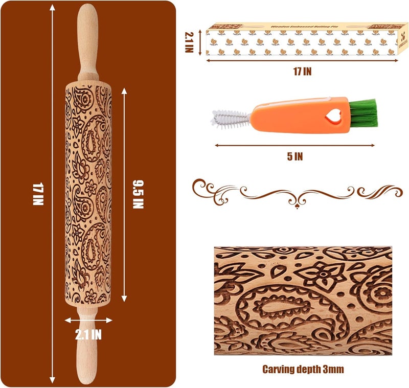 XINBADA 17" Premium Wooden Rolling Pins for Baking with European Embossed Designs | 3mm Deep Springerle Cookie Molds | Christmas Rolling Pin & Baking Gifts for Women | Includes 3-in-1 Cleaning Brush - Image 2